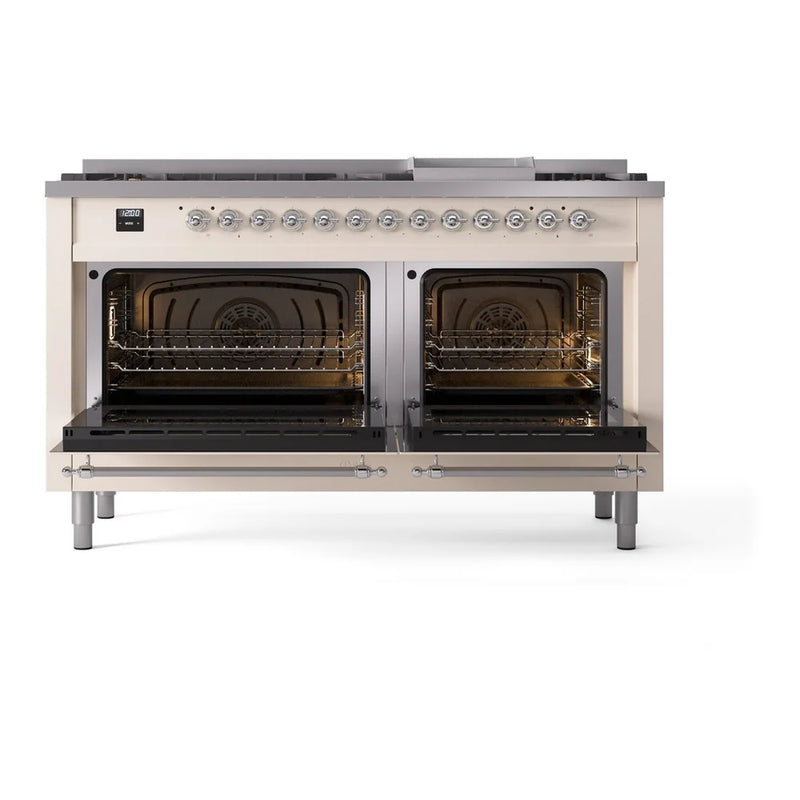 ILVE Nostalgie II 60" Dual Fuel Freestanding Range in Antique White with Chrome Trim, UP60FNMPAWC