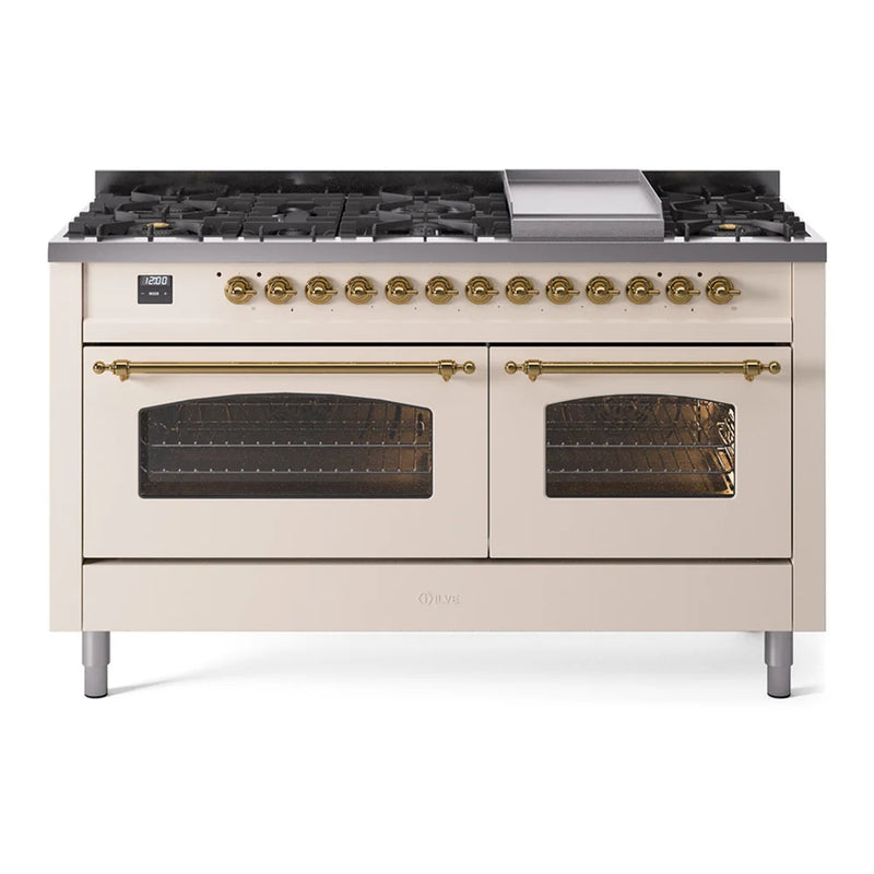 ILVE Nostalgie II 60" Dual Fuel Freestanding Range in Antique White with Brass Trim, UP60FNMPAWGLP