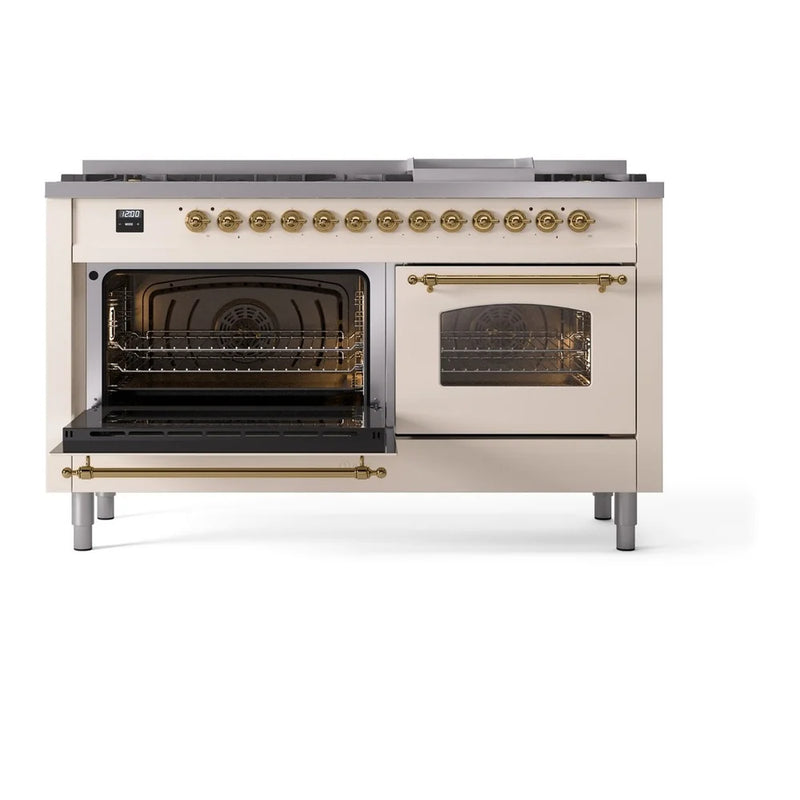 ILVE Nostalgie II 60" Dual Fuel Freestanding Range in Antique White with Brass Trim, UP60FNMPAWGLP