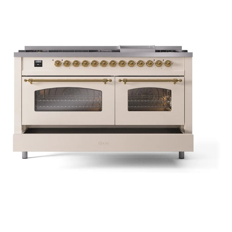 ILVE Nostalgie II 60" Dual Fuel Freestanding Range in Antique White with Brass Trim, UP60FNMPAWGLP