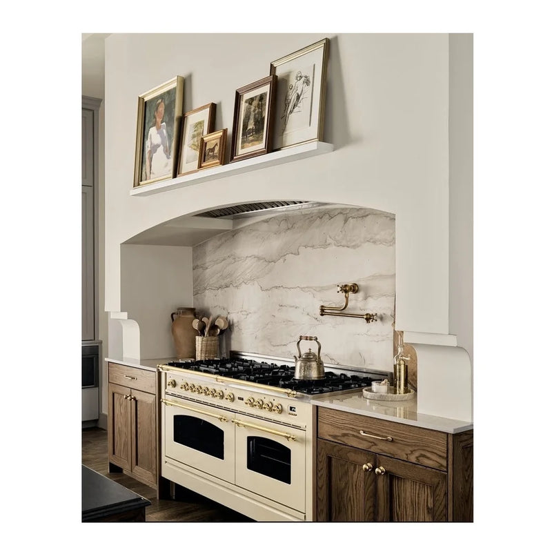 ILVE Nostalgie II 60" Dual Fuel Freestanding Range in Antique White with Brass Trim, UP60FNMPAWG