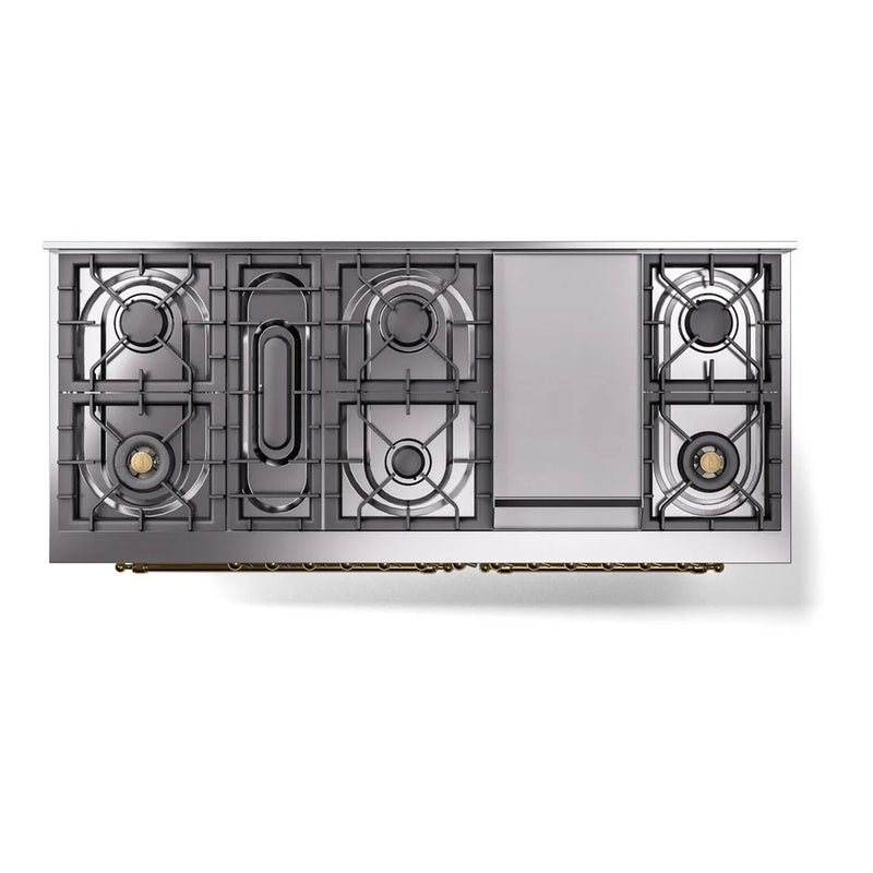 ILVE Nostalgie II 60" Dual Fuel Freestanding Range in Antique White with Brass Trim, UP60FNMPAWG