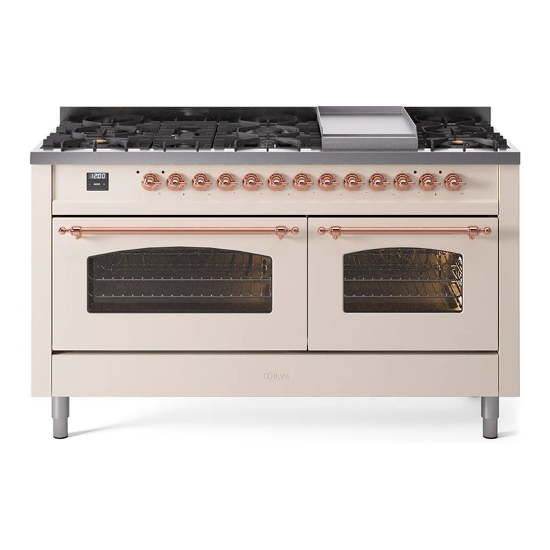 ILVE Nostalgie II 60" Dual Fuel Freestanding Range in Antique White with Copper Trim, UP60FNMPAWPLP