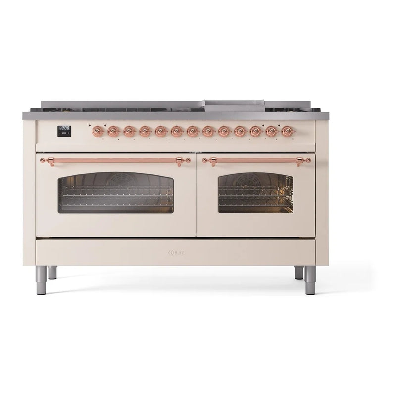 ILVE Nostalgie II 60" Dual Fuel Freestanding Range in Antique White with Copper Trim, UP60FNMPAWPLP