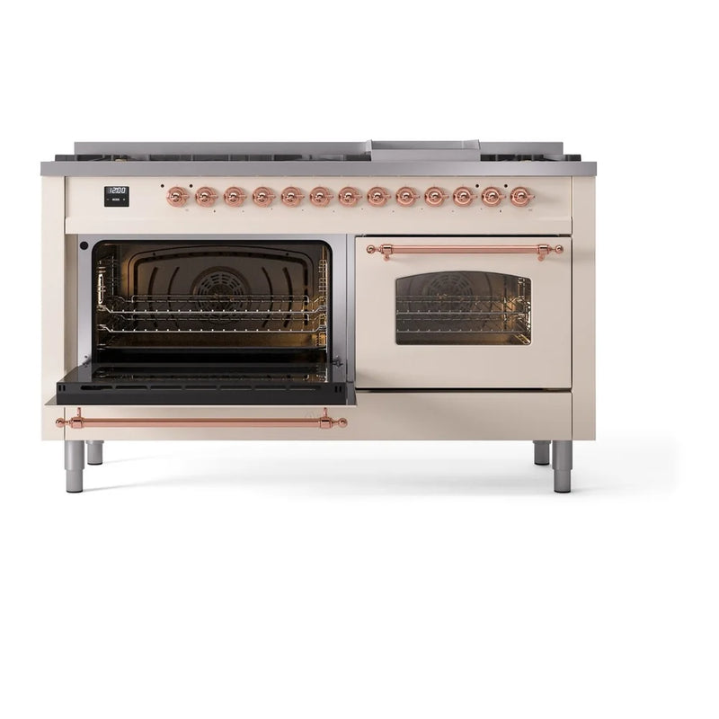 ILVE Nostalgie II 60" Dual Fuel Freestanding Range in Antique White with Copper Trim, UP60FNMPAWPLP