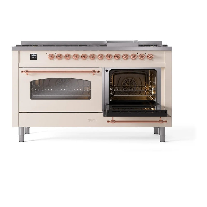 ILVE Nostalgie II 60" Dual Fuel Freestanding Range in Antique White with Copper Trim, UP60FNMPAWPLP