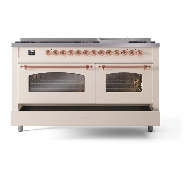 ILVE Nostalgie II 60" Dual Fuel Freestanding Range in Antique White with Copper Trim, UP60FNMPAWPLP