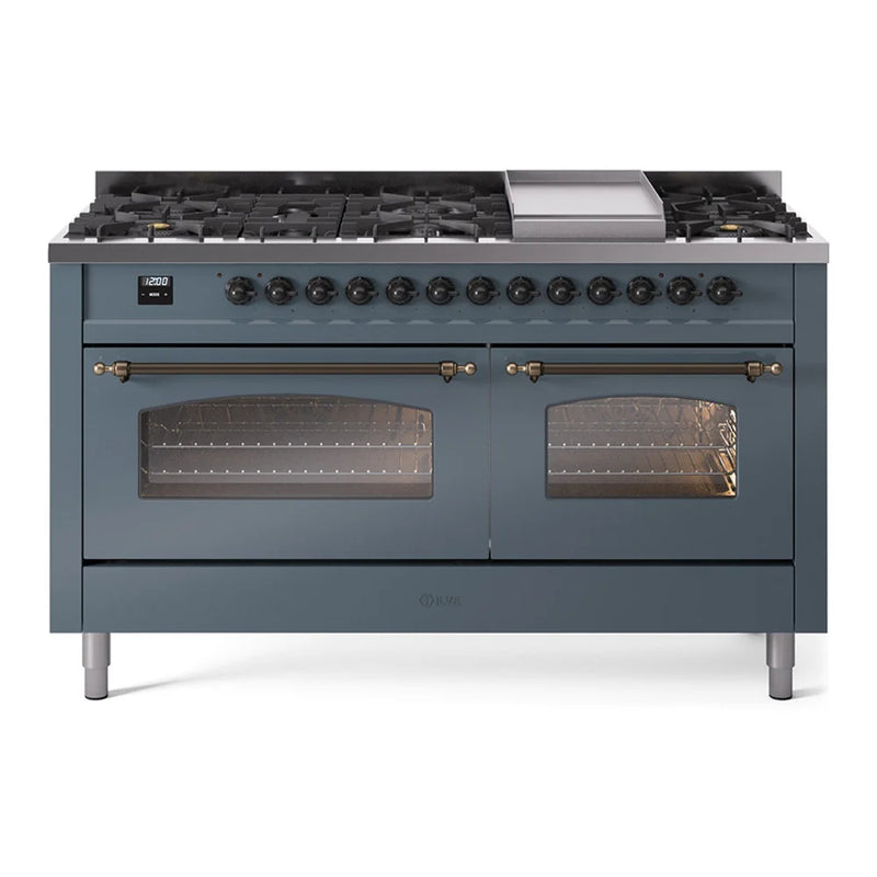 ILVE Nostalgie II 60" Dual Fuel Freestanding Range in Blue Grey with Burnished Trim, UP60FNMPBGBLP