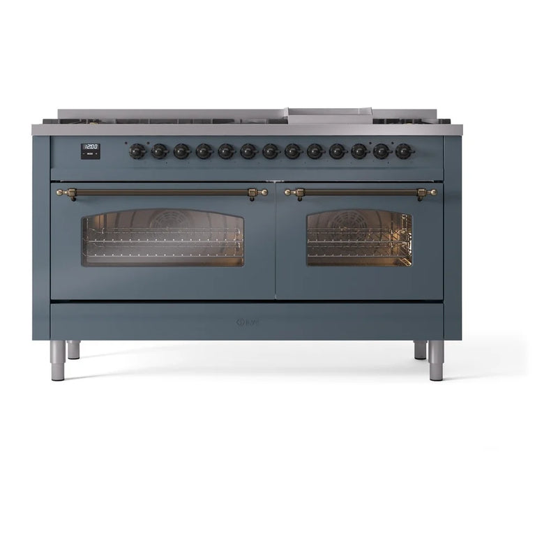ILVE Nostalgie II 60" Dual Fuel Freestanding Range in Blue Grey with Burnished Trim, UP60FNMPBGBLP