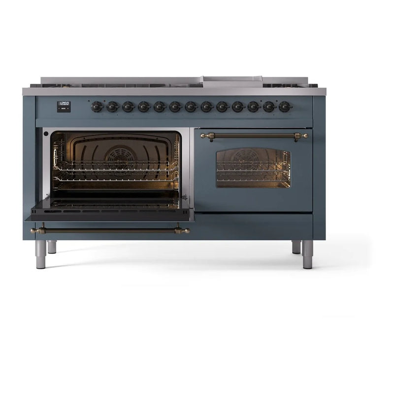 ILVE Nostalgie II 60" Dual Fuel Freestanding Range in Blue Grey with Burnished Trim, UP60FNMPBGBLP