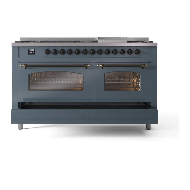 ILVE Nostalgie II 60" Dual Fuel Freestanding Range in Blue Grey with Burnished Trim, UP60FNMPBGBLP
