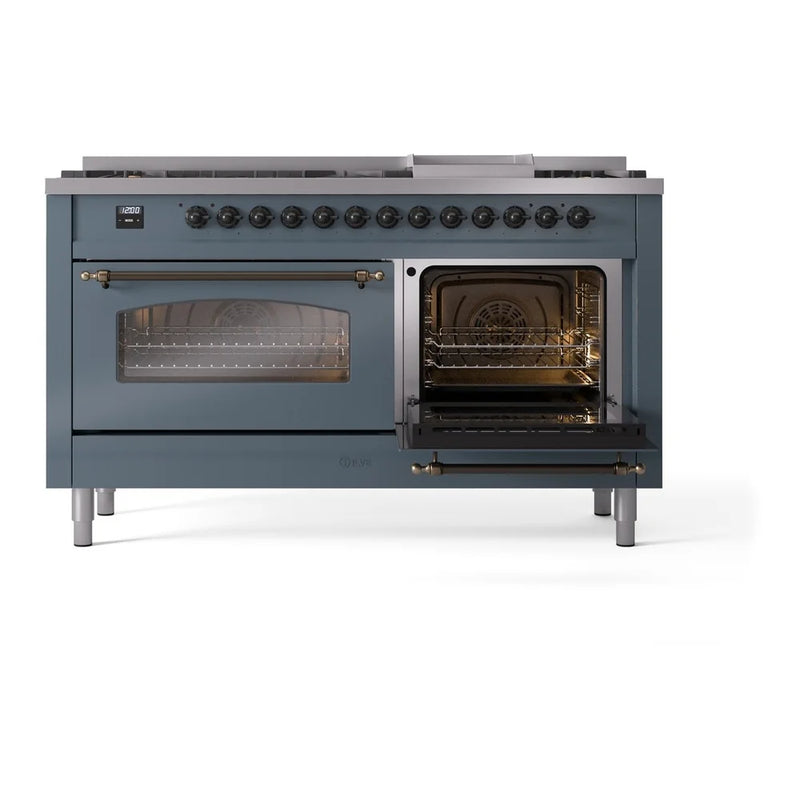 ILVE Nostalgie II 60" Dual Fuel Freestanding Range in Blue Grey with Burnished Trim, UP60FNMPBGB