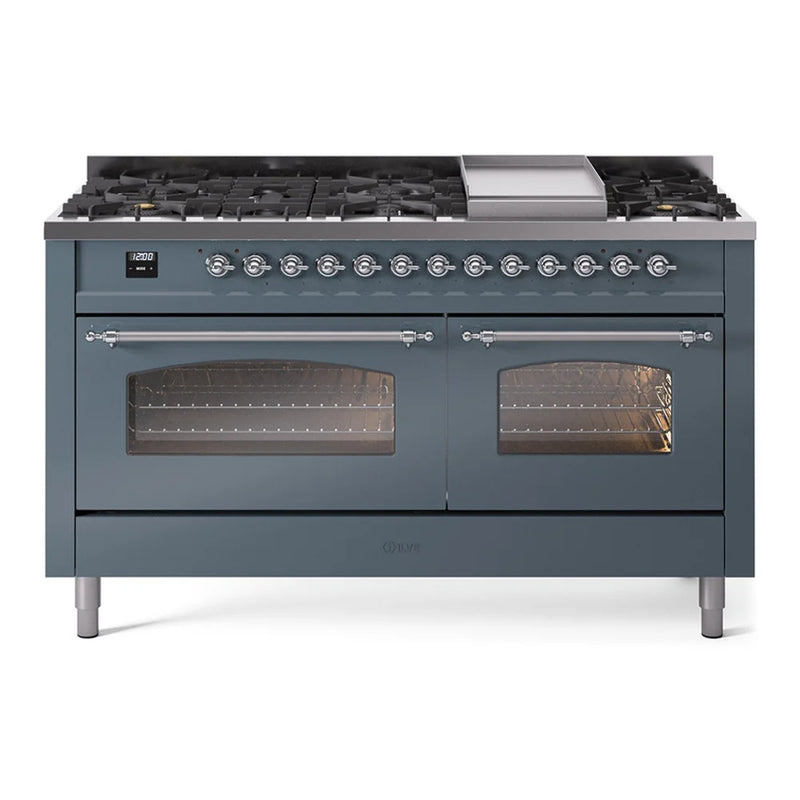 ILVE Nostalgie II 60" Dual Fuel Freestanding Range in Blue Grey with Chrome Trim, UP60FNMPBGCLP