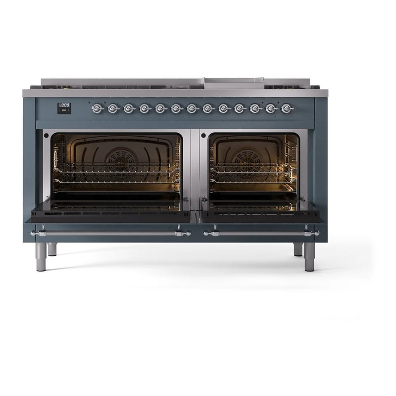 ILVE Nostalgie II 60" Dual Fuel Freestanding Range in Blue Grey with Chrome Trim, UP60FNMPBGCLP
