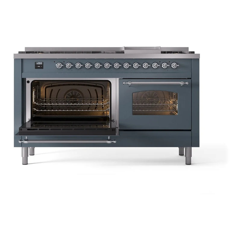 ILVE Nostalgie II 60" Dual Fuel Freestanding Range in Blue Grey with Chrome Trim, UP60FNMPBGCLP