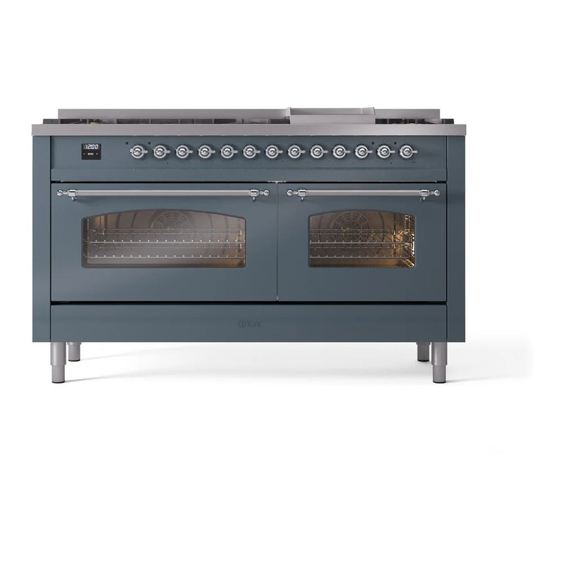 ILVE Nostalgie II 60" Dual Fuel Freestanding Range in Blue Grey with Chrome Trim, UP60FNMPBGC