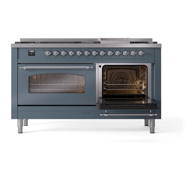 ILVE Nostalgie II 60" Dual Fuel Freestanding Range in Blue Grey with Chrome Trim, UP60FNMPBGC
