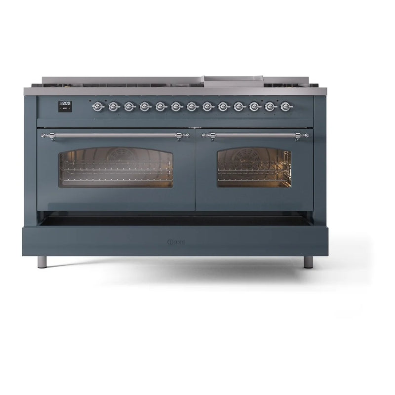 ILVE Nostalgie II 60" Dual Fuel Freestanding Range in Blue Grey with Chrome Trim, UP60FNMPBGC