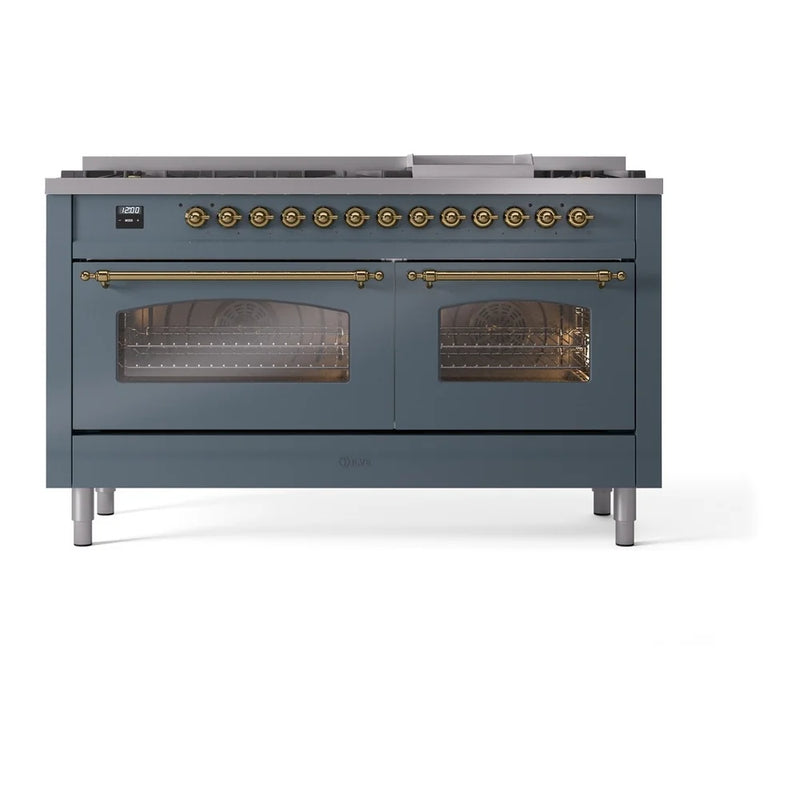 ILVE Nostalgie II 60" Dual Fuel Freestanding Range in Blue Grey with Brass Trim, UP60FNMPBGGLP