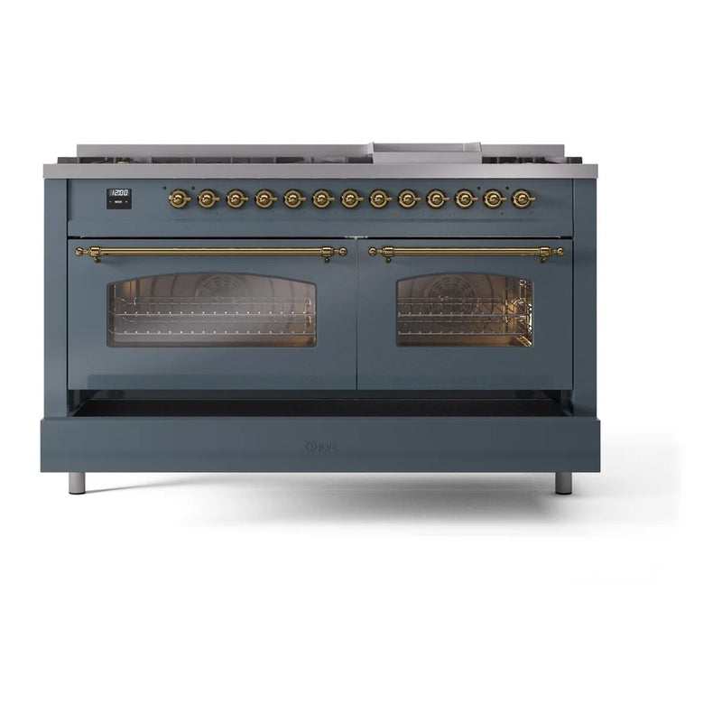 ILVE Nostalgie II 60" Dual Fuel Freestanding Range in Blue Grey with Brass Trim, UP60FNMPBGGLP