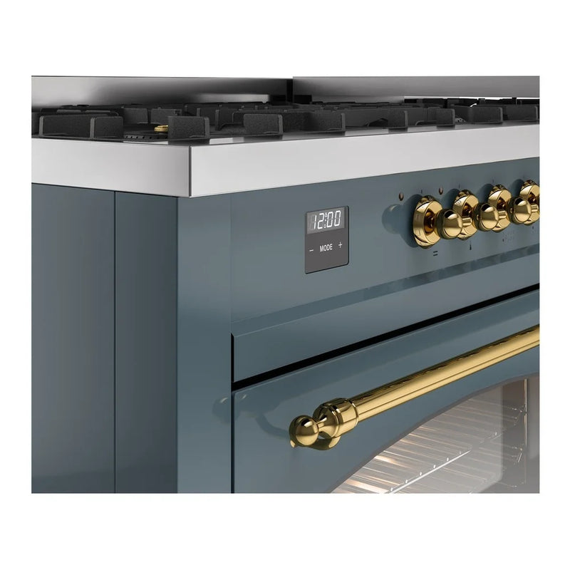 ILVE Nostalgie II 60" Dual Fuel Freestanding Range in Blue Grey with Brass Trim, UP60FNMPBGGLP
