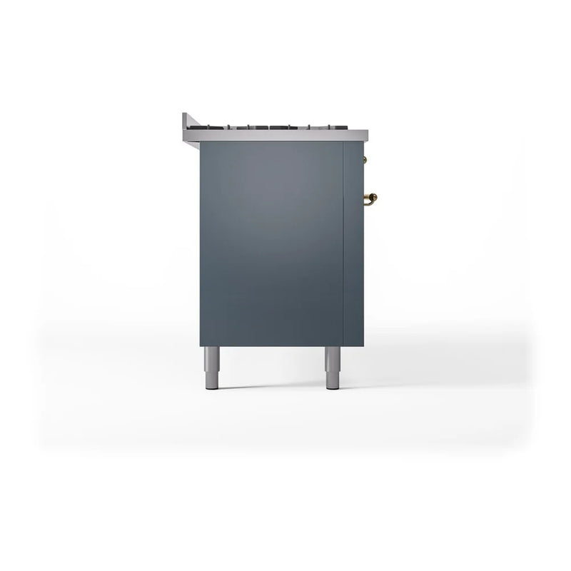 ILVE Nostalgie II 60" Dual Fuel Freestanding Range in Blue Grey with Brass Trim, UP60FNMPBGGLP