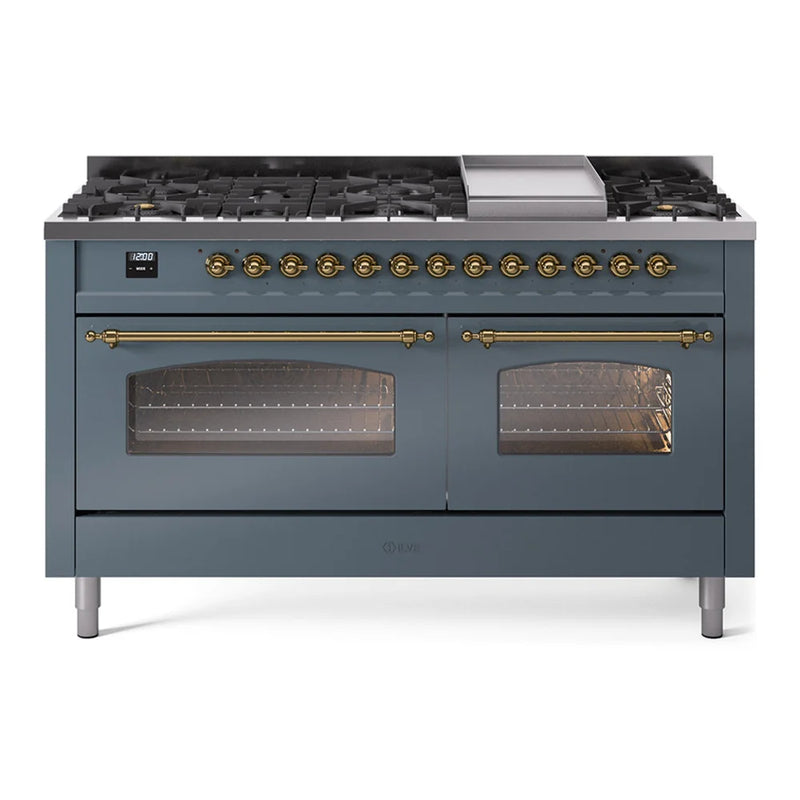 ILVE Nostalgie II 60" Dual Fuel Freestanding Range in Blue Grey with Brass Trim, UP60FNMPBGG