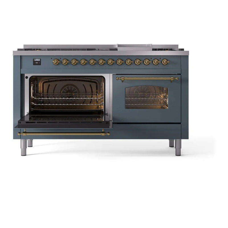 ILVE Nostalgie II 60" Dual Fuel Freestanding Range in Blue Grey with Brass Trim, UP60FNMPBGG