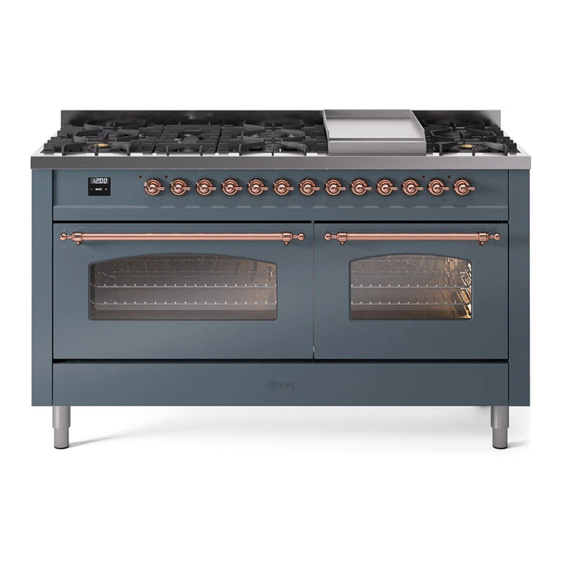 ILVE Nostalgie II 60" Dual Fuel Freestanding Range in Blue Grey with Copper Trim, UP60FNMPBGPLP
