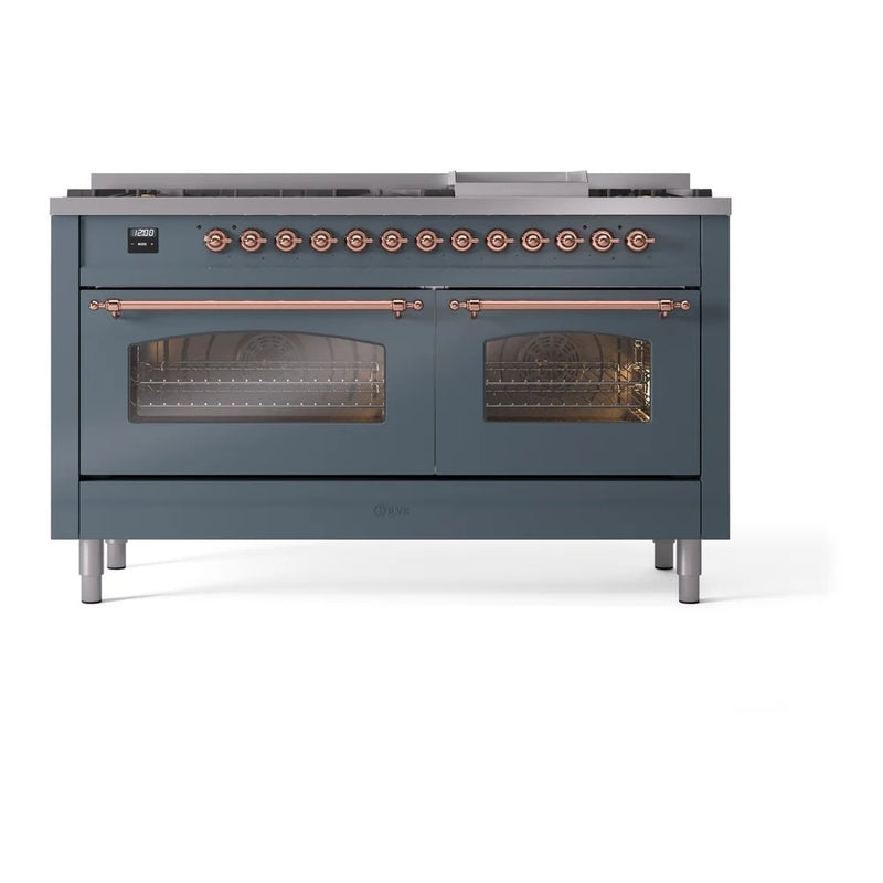 ILVE Nostalgie II 60" Dual Fuel Freestanding Range in Blue Grey with Copper Trim, UP60FNMPBGPLP
