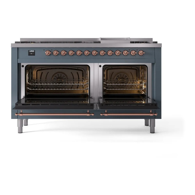 ILVE Nostalgie II 60" Dual Fuel Freestanding Range in Blue Grey with Copper Trim, UP60FNMPBGPLP