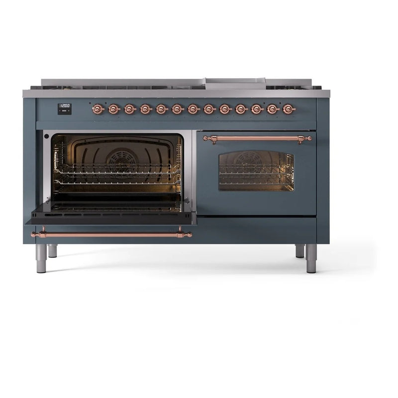 ILVE Nostalgie II 60" Dual Fuel Freestanding Range in Blue Grey with Copper Trim, UP60FNMPBGPLP