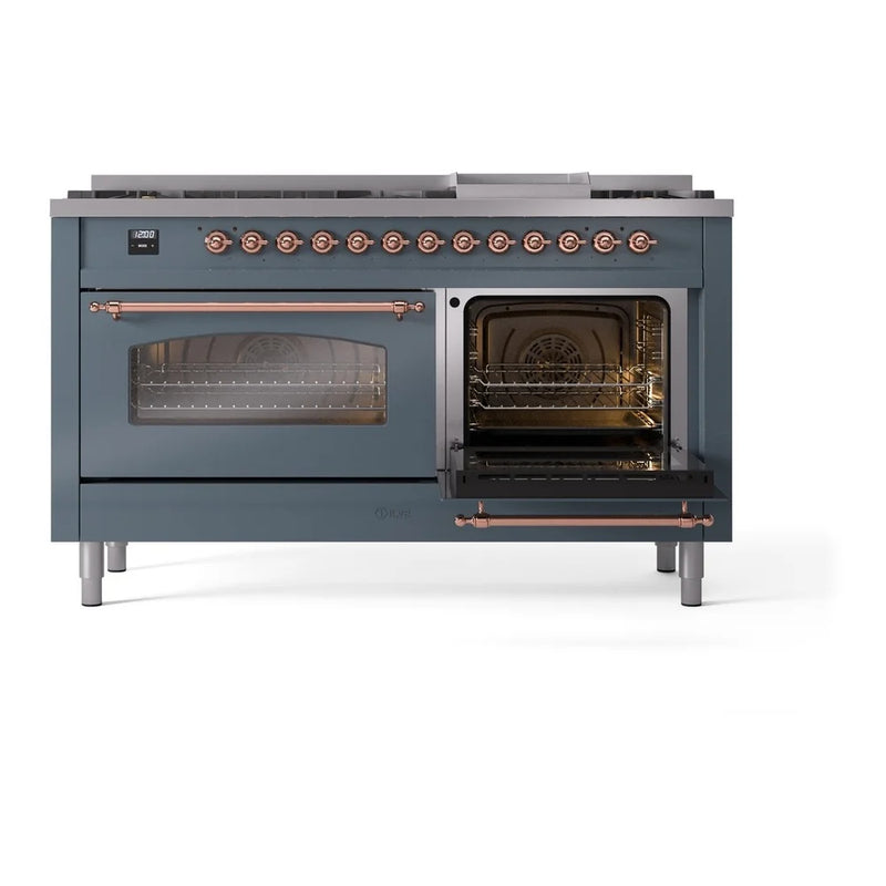 ILVE Nostalgie II 60" Dual Fuel Freestanding Range in Blue Grey with Copper Trim, UP60FNMPBGPLP