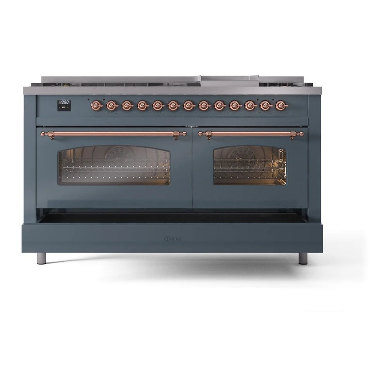 ILVE Nostalgie II 60" Dual Fuel Freestanding Range in Blue Grey with Copper Trim, UP60FNMPBGPLP