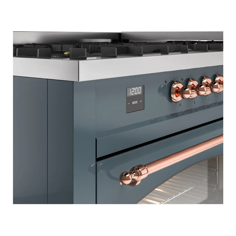 ILVE Nostalgie II 60" Dual Fuel Freestanding Range in Blue Grey with Copper Trim, UP60FNMPBGPLP