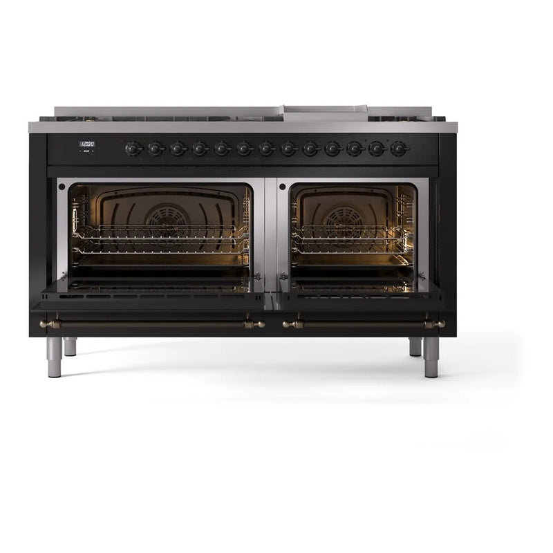 ILVE Nostalgie II 60" Dual Fuel Freestanding Range in Glossy Black with Burnished Trim, UP60FNMPBKBLP