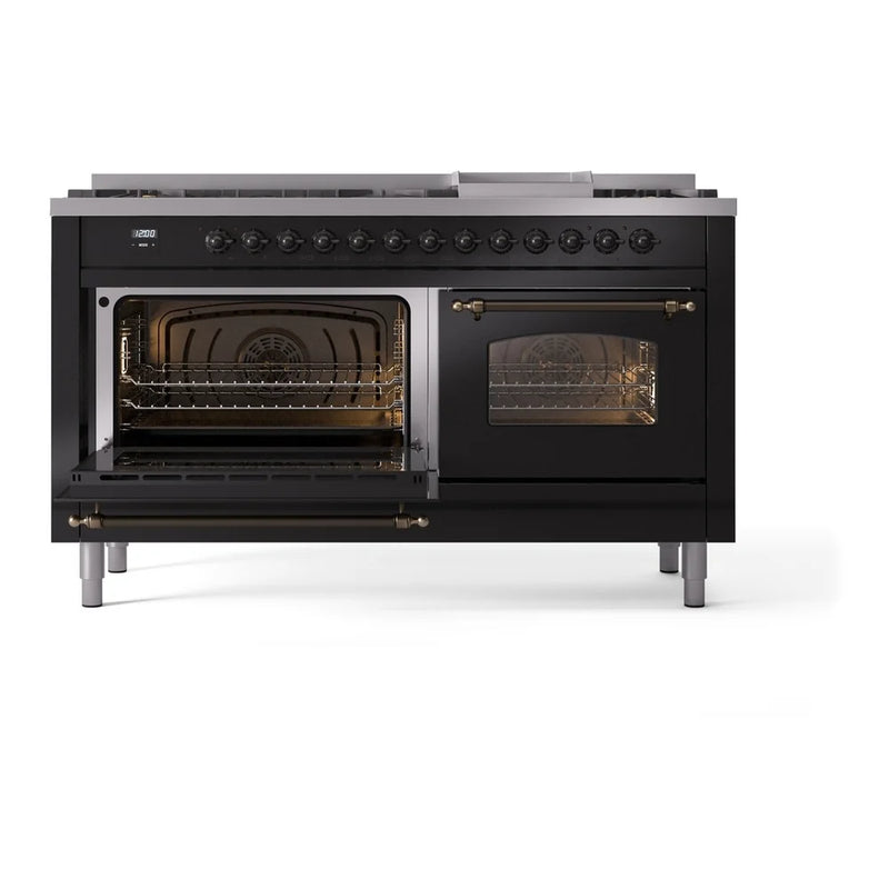 ILVE Nostalgie II 60" Dual Fuel Freestanding Range in Glossy Black with Burnished Trim, UP60FNMPBKBLP