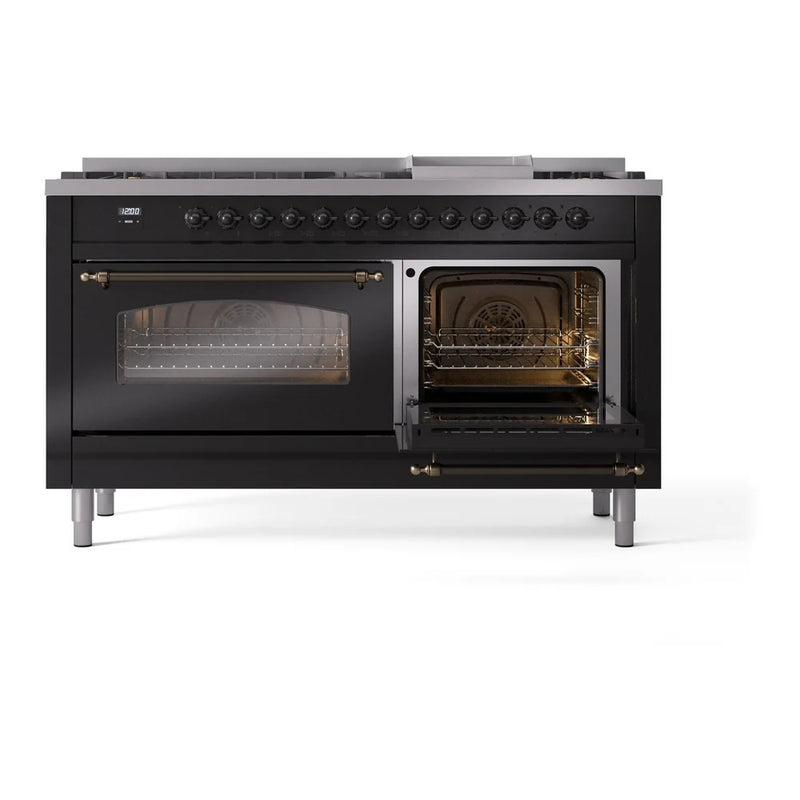 ILVE Nostalgie II 60" Dual Fuel Freestanding Range in Glossy Black with Burnished Trim, UP60FNMPBKBLP