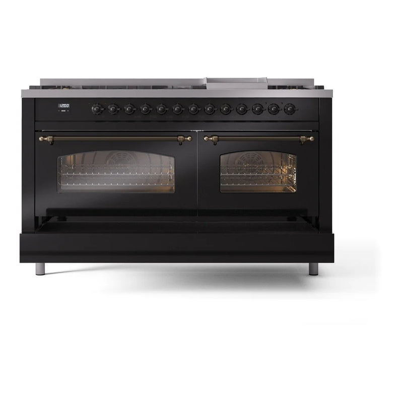 ILVE Nostalgie II 60" Dual Fuel Freestanding Range in Glossy Black with Burnished Trim, UP60FNMPBKBLP