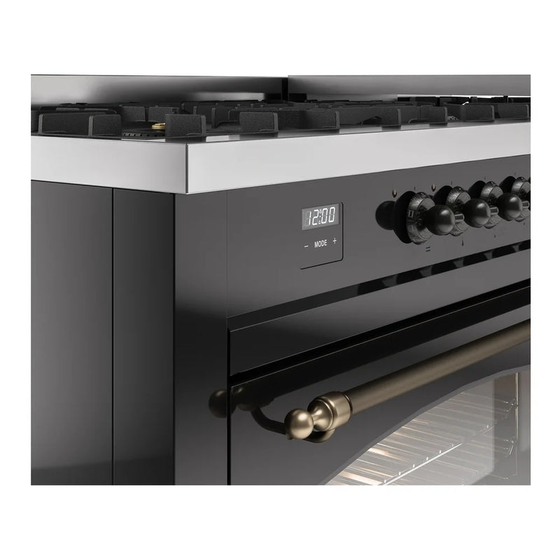 ILVE Nostalgie II 60" Dual Fuel Freestanding Range in Glossy Black with Burnished Trim, UP60FNMPBKBLP
