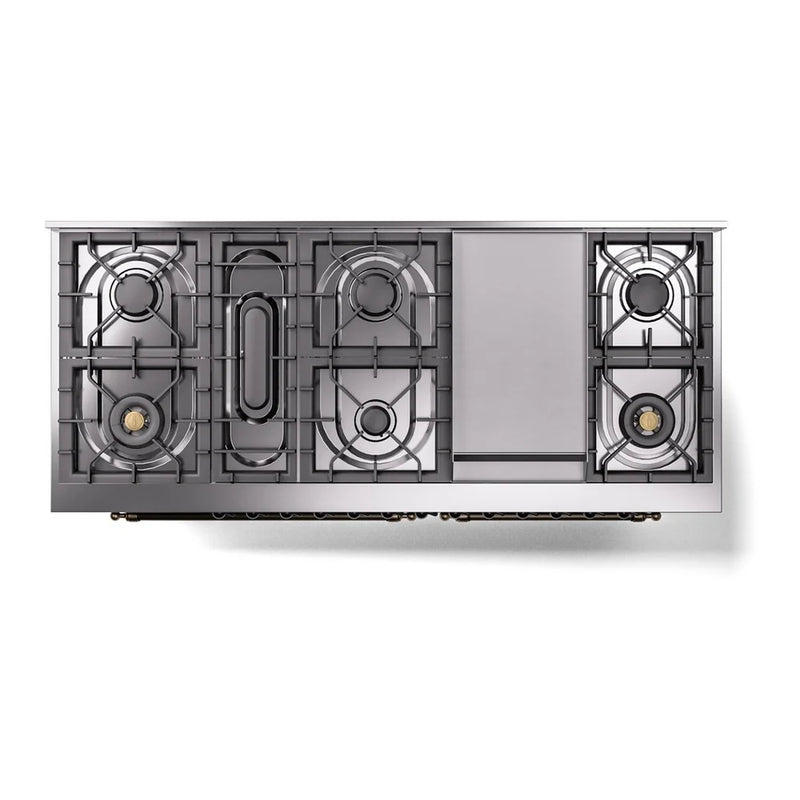 ILVE Nostalgie II 60" Dual Fuel Freestanding Range in Glossy Black with Burnished Trim, UP60FNMPBKBLP