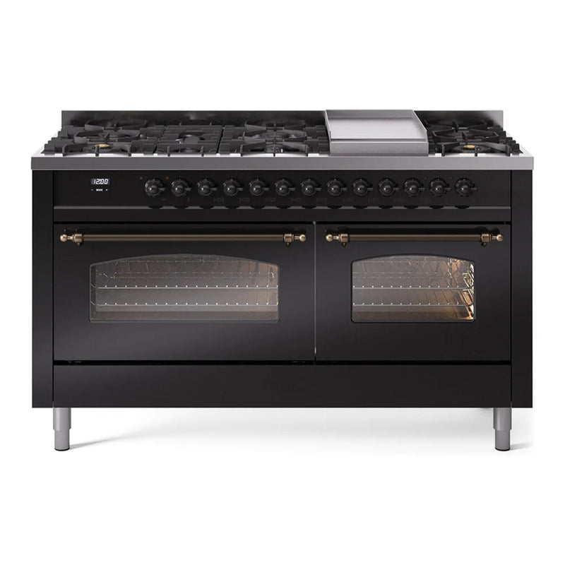 ILVE Nostalgie II 60" Dual Fuel Freestanding Range in Glossy Black with Burnished Trim, UP60FNMPBKB