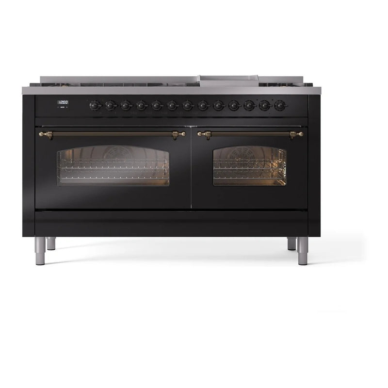 ILVE Nostalgie II 60" Dual Fuel Freestanding Range in Glossy Black with Burnished Trim, UP60FNMPBKB