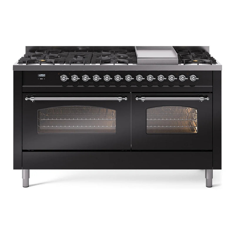 ILVE Nostalgie II 60" Dual Fuel Freestanding Range in Glossy Black with Chrome Trim, UP60FNMPBKCLP