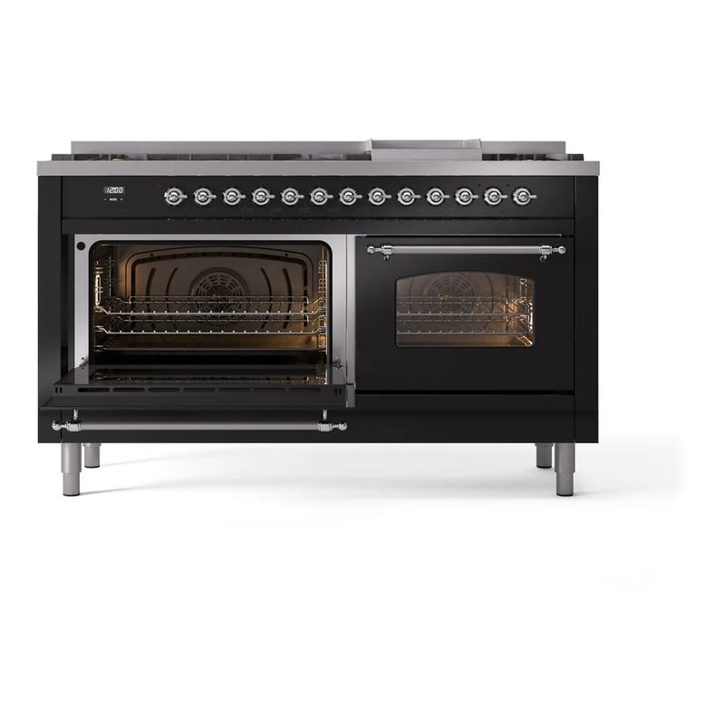 ILVE Nostalgie II 60" Dual Fuel Freestanding Range in Glossy Black with Chrome Trim, UP60FNMPBKCLP