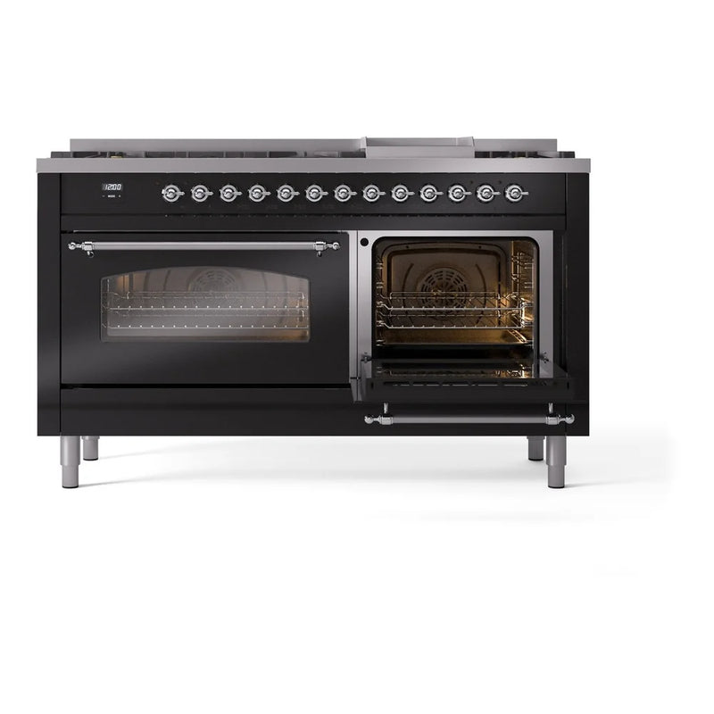ILVE Nostalgie II 60" Dual Fuel Freestanding Range in Glossy Black with Chrome Trim, UP60FNMPBKCLP