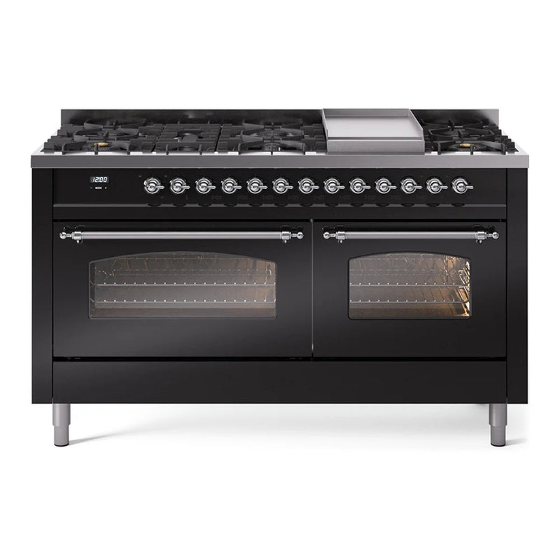 ILVE Nostalgie II 60" Dual Fuel Freestanding Range in Glossy Black with Chrome Trim, UP60FNMPBKC