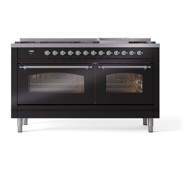 ILVE Nostalgie II 60" Dual Fuel Freestanding Range in Glossy Black with Chrome Trim, UP60FNMPBKC
