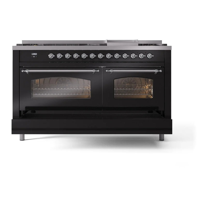 ILVE Nostalgie II 60" Dual Fuel Freestanding Range in Glossy Black with Chrome Trim, UP60FNMPBKC