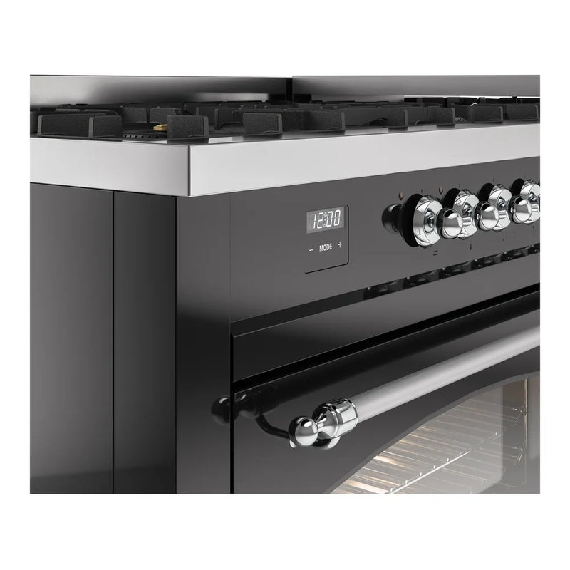 ILVE Nostalgie II 60" Dual Fuel Freestanding Range in Glossy Black with Chrome Trim, UP60FNMPBKC